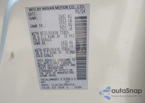 2014 Infiniti Qx60 z USA, uszkodzony, nr VIN 5N1AL0MN8EC539615